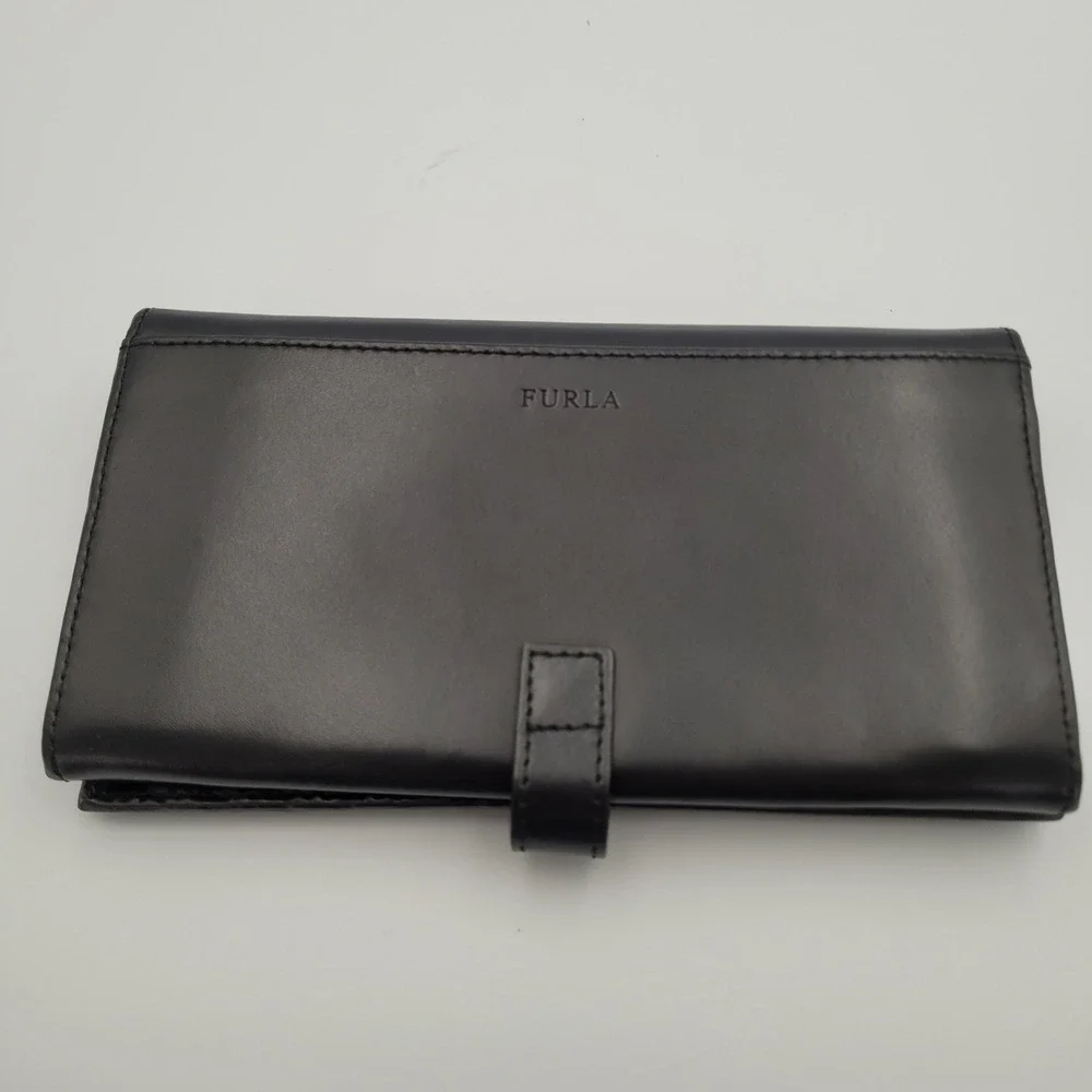 Furla Black Leather Long Bifold Wallet Flower Snap Croc Embossed Logo